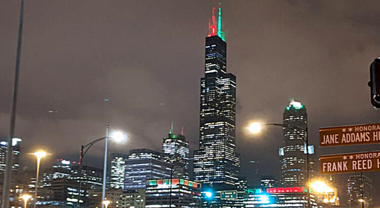 a signpost for Frank Reed Horton Way with the Chicago skyline in the background, as seen from the corner of Harrison and Halsted streets on December 16, 2019.