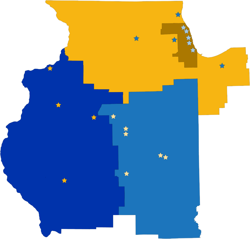 A map of Region F in Central and Northern Illinois and Northwest Indiana, with each of the four Sections shaded in a different color. Section F1 is blue with four stars indicating the location of chapters, covering the western half of central Illinois. Section F2 is a golden yellow with another four stars indicating the location of chapters, covering northern Illinois and northwest Indiana except for Cook County. Section F3 is light blue with six stars indicating the location of chapters, covering the eastern side of central Illinois. And Section F4 is a dark gold color with five stars indicating the location of chapters, covering Cook County.